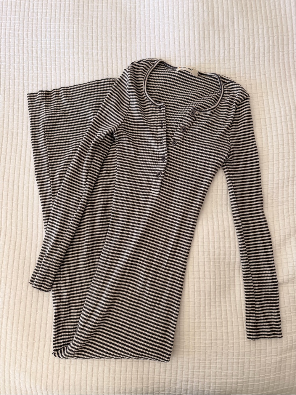 Marine Layer Black and White Striped Henley Long-Sleeve Top